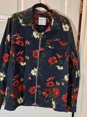 Denim & Flower Navy Zip-Front Floral Shirt Jacket - Large